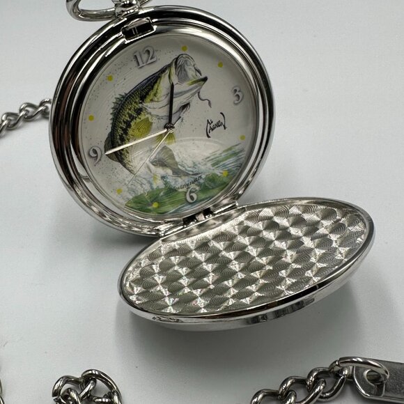 Al Agnew Other - Al Agnew Pocket Watch Men Silver Tone Bass Fish Dial Chain Included New Battery